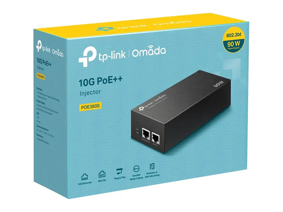 TP-Link Omada POE380S - Inyector PoE++ Ethernet 10G, 90W, 2 puertos RJ45 4