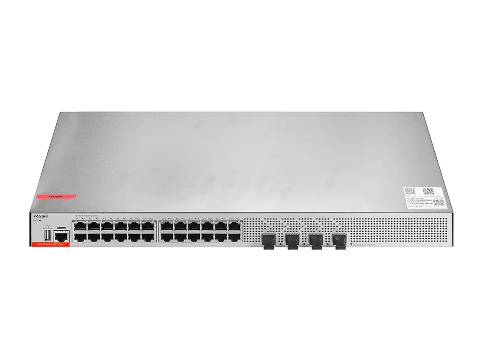 Ruijie RG-CS83-24GT4XS - Switch administrable capa 3, 24 puertos RJ45 1Gbps y 4 puertos SFP+ 1G/10G, fuente y ventiladores fijos, apilable, para rack de 19