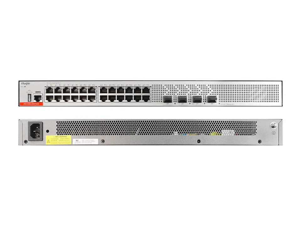 Ruijie RG-CS83-24GT4XS - Switch administrable capa 3, 24 puertos RJ45 1Gbps y 4 puertos SFP+ 1G/10G, fuente y ventiladores fijos, apilable, para rack de 19