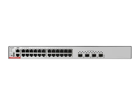Ruijie RG-CS83-24GT4XS-P - Switch administrable capa 3, 24 puertos RJ45 1Gbps y 4 puertos SFP+ 1G/10G, PoE y PoE+ 370W,fuente y ventiladores fijos, apilable, para rack de 19"