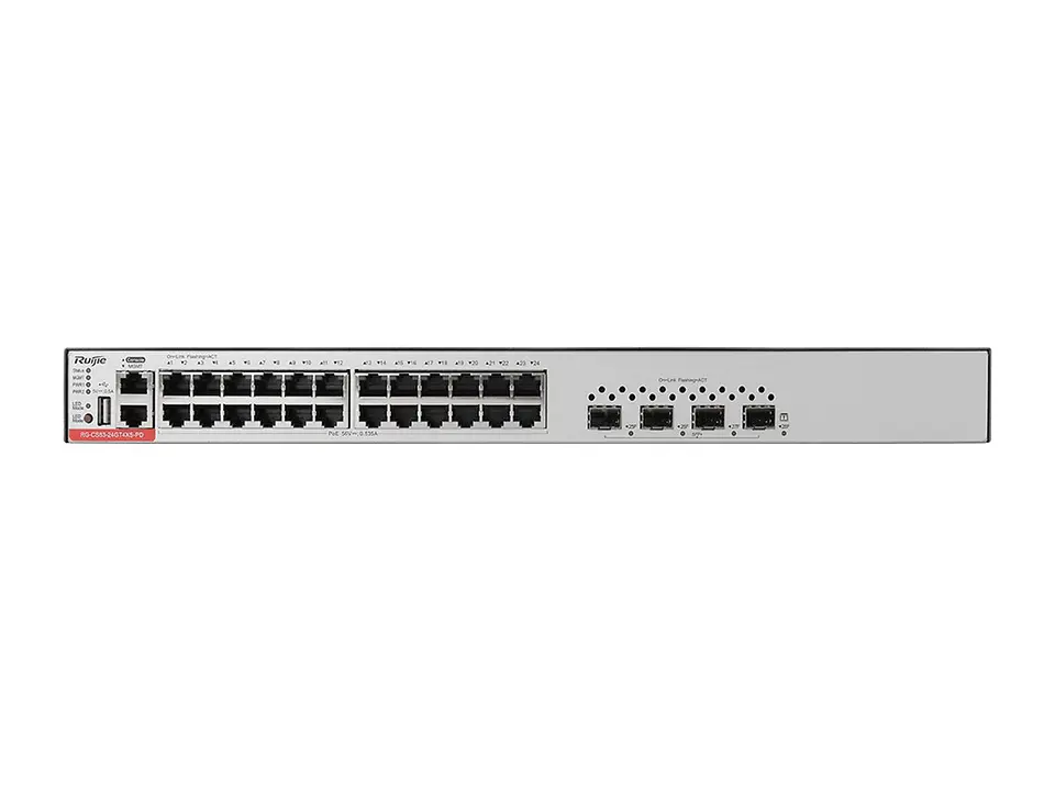 Ruijie RG-CS83-24GT4XS-P - Switch administrable capa 3, 24 puertos RJ45 1Gbps y 4 puertos SFP+ 1G/10G, PoE y PoE+ 370W,fuente y ventiladores fijos, apilable, para rack de 19