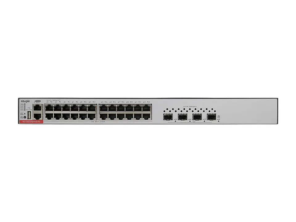 Ruijie RG-CS83-24GT4XS-PD - Switch administrable capa 3, 24 puertos RJ45 1Gbps y 4 puertos SFP+ 1G/10G, PoE y PoE+ 370W o 740W,requiere fuentes, incluye ventiladores fijos, apilable, para rack de 19