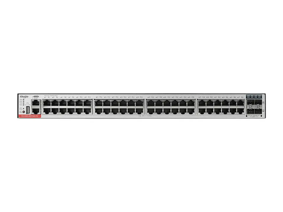 Ruijie RG-CS83-48GT4XS-P - Switch administrable capa 3, 48 puertos RJ45 1Gbps y 4 puertos SFP+ 1G/10G, PoE y PoE+ 370W,fuente y ventiladores fijos, apilable, para rack de 19