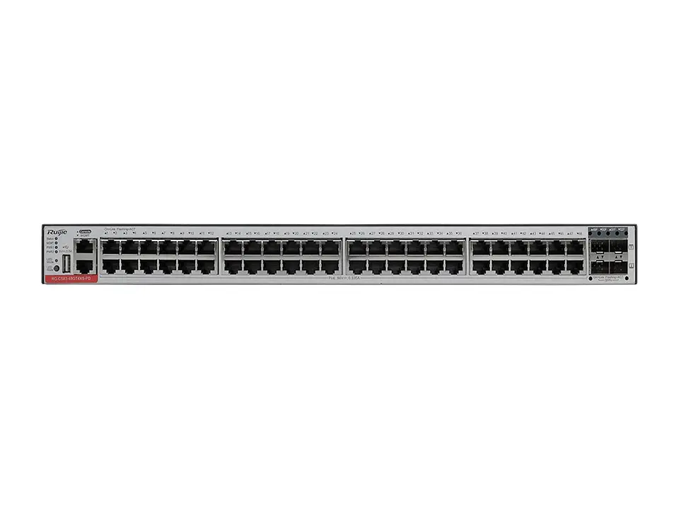 Ruijie RG-CS83-48GT4XS-PD - Switch administrable capa 3, 48 puertos RJ45 1Gbps y 4 puertos SFP+ 1G/10G, PoE y PoE+ 740W o 1480W,requiere fuente, soporta redundancia, y ventiladores fijos, apilable 1