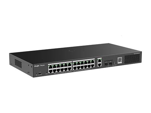 Ruijie RG-ES228GS-P - Switch Smart, administrable web, 24 puertos RJ45 1Gbps PoE/PoE+ 370W, 2 puertos uplink SFP 1Gbps y 2 RJ45, de acero para rack de 19" -EOM-Reemplazo -V2