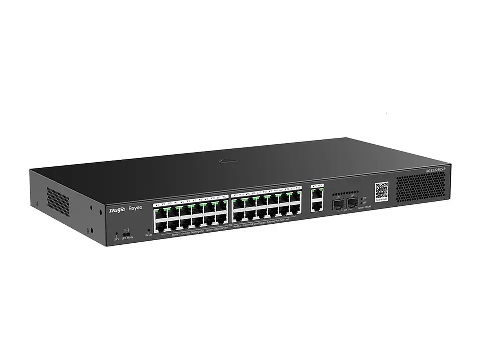 Ruijie RG-ES228GS-P - Switch Smart, administrable web, 24 puertos RJ45 1Gbps PoE/PoE+ 370W, 2 puertos uplink SFP 1Gbps y 2 RJ45, de acero para rack de 19