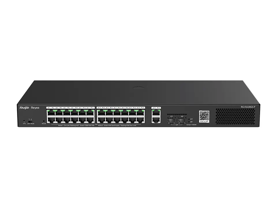Ruijie RG-ES228GS-P - Switch Smart, administrable web, 24 puertos RJ45 1Gbps PoE/PoE+ 370W, 2 puertos uplink SFP 1Gbps y 2 RJ45, de acero para rack de 19