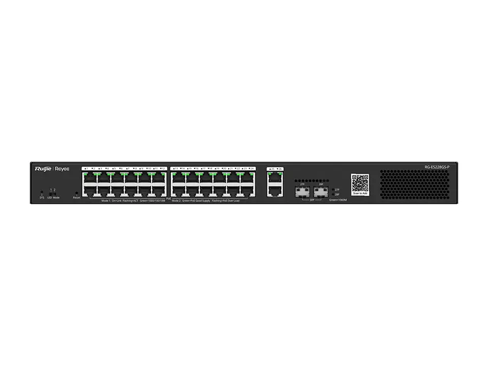 Ruijie RG-ES228GS-P - Switch Smart, administrable web, 24 puertos RJ45 1Gbps PoE/PoE+ 370W, 2 puertos uplink SFP 1Gbps y 2 RJ45, de acero para rack de 19