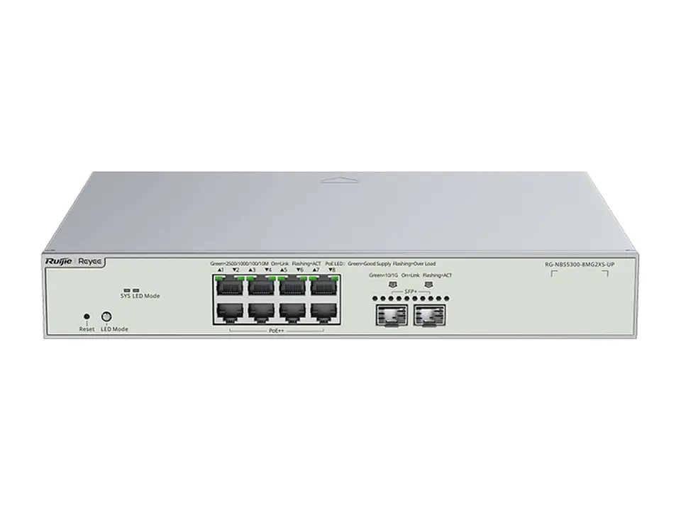 Ruijie RG-NBS5300-8MG2XS-UP - Switch administrable capa 3 Multi-Gigabit 8 puertos 10/100/1000/2500Mbps RJ45 PoE++ 370W, 2 x 10G SFP+, enrutamiento estático, fuente fija incluida, no apilable, para 1