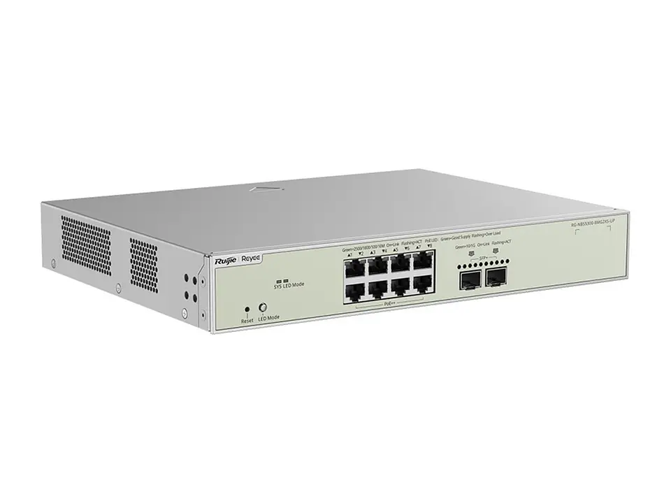 Ruijie RG-NBS5300-8MG2XS-UP - Switch administrable capa 3 Multi-Gigabit 8 puertos 10/100/1000/2500Mbps RJ45 PoE++ 370W, 2 x 10G SFP+, enrutamiento estático, fuente fija incluida, no apilable, para 2