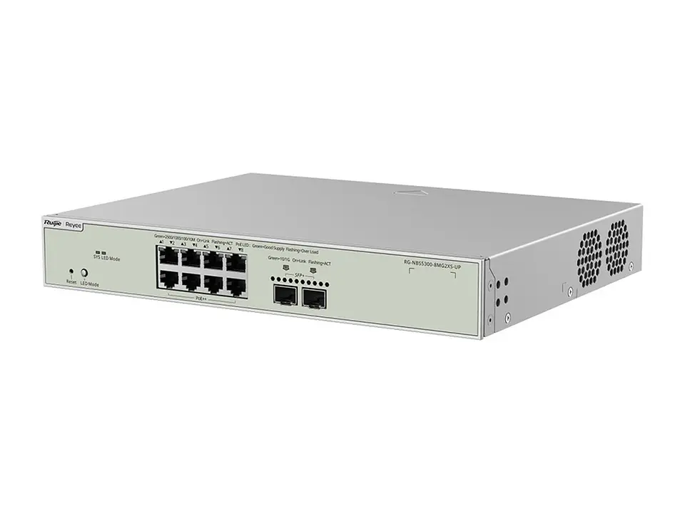 Ruijie RG-NBS5300-8MG2XS-UP - Switch administrable capa 3 Multi-Gigabit 8 puertos 10/100/1000/2500Mbps RJ45 PoE++ 370W, 2 x 10G SFP+, enrutamiento estático, fuente fija incluida, no apilable, para 3