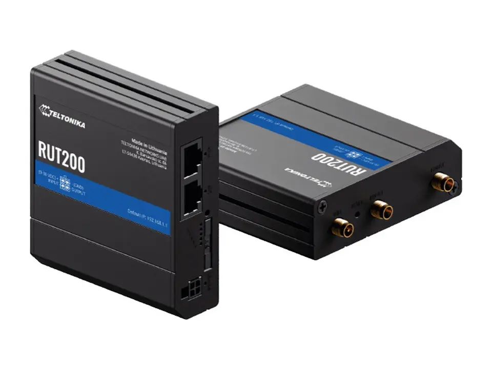 Teltonika RUT200 - Router Industrial, 4G LTE Cat 4 hasta 150 Mbps, 1 x SIM, 2 x RJ45 10/100 Mbps, Wi-Fi de 2.4 GHz, PoE pasivo, carcasa plástico y aluminio IP30, incluye PSU 3