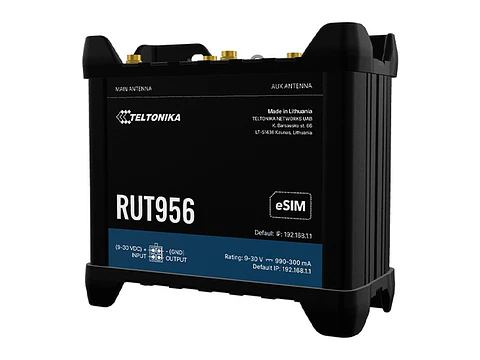 Teltonika RUT956 - Router Industrial, 4G LTE Cat 4 hasta 150 Mbps, 2 x SIM, 4 x RJ45 10/100 Mbps, 1 x USB, 1 x RS232 DB9, 1 x RS485, Wi-Fi de 2.4 GHz, PoE pasivo, carcasa de aluminio IP30, incluye