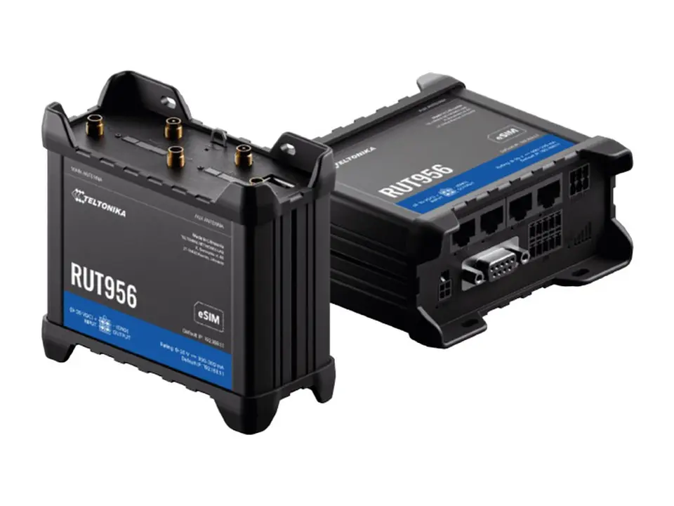 Teltonika RUT956 - Router Industrial, 4G LTE Cat 4 hasta 150 Mbps, 2 x SIM, 4 x RJ45 10/100 Mbps, 1 x USB, 1 x RS232 DB9, 1 x RS485, Wi-Fi de 2.4 GHz, PoE pasivo, carcasa de aluminio IP30, incluye 2