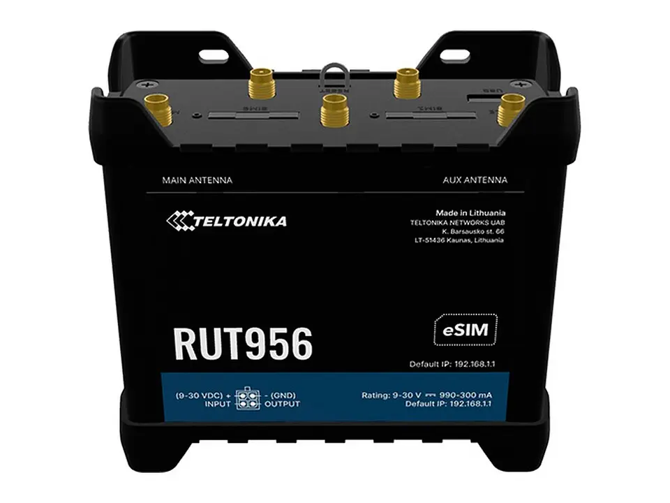 Teltonika RUT956 - Router Industrial, 4G LTE Cat 4 hasta 150 Mbps, 2 x SIM, 4 x RJ45 10/100 Mbps, 1 x USB, 1 x RS232 DB9, 1 x RS485, Wi-Fi de 2.4 GHz, PoE pasivo, carcasa de aluminio IP30, incluye 4