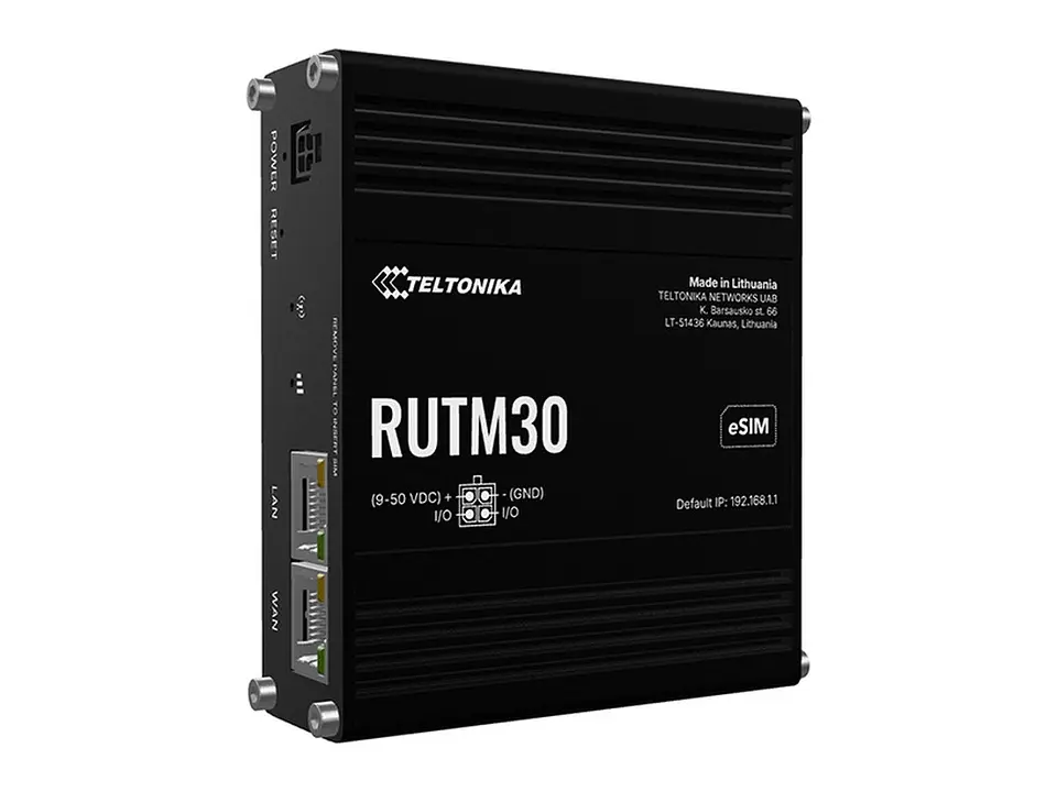 Teltonika RUTM30 - Router Industrial, 5G hasta 3.4 Gbps, 1 x eSIM, 2 x SIM, 2 puertos 10/100/1000, Wi-Fi 5 de doble banda, PoE pasivo, carcasa de aluminio IP30, incluye PSU 2