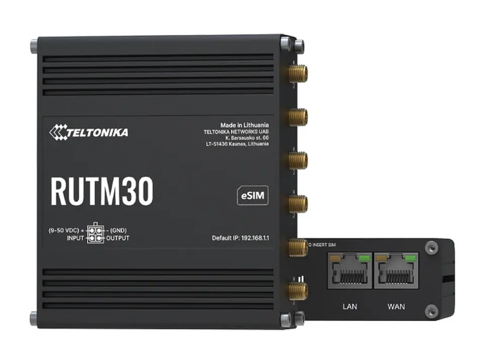 Teltonika RUTM30 - Router Industrial, 5G hasta 3.4 Gbps, 1 x eSIM, 2 x SIM, 2 puertos 10/100/1000, Wi-Fi 5 de doble banda, PoE pasivo, carcasa de aluminio IP30, incluye PSU 3