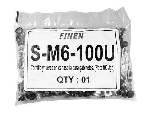 Finen S-M6-100U - Tornillo y tuerca en canastilla para gabinetes. (Pq x 100 Jgo)