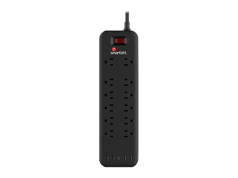 SmartBitt SBSS-B12-5U - Supresor de Picos con 12 Tomas + 4 USB Tipo-A 5V 2.4A + 1 USB-c, 3600J Negro 1