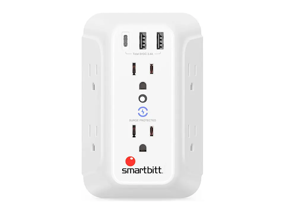 SmartBitt SBSS-BW6-3U - Supresor de Picos con 6 Tomas + 2 USB Tipo-A 5V 2.4A + 1 USB Tipo-c, 1480J 1