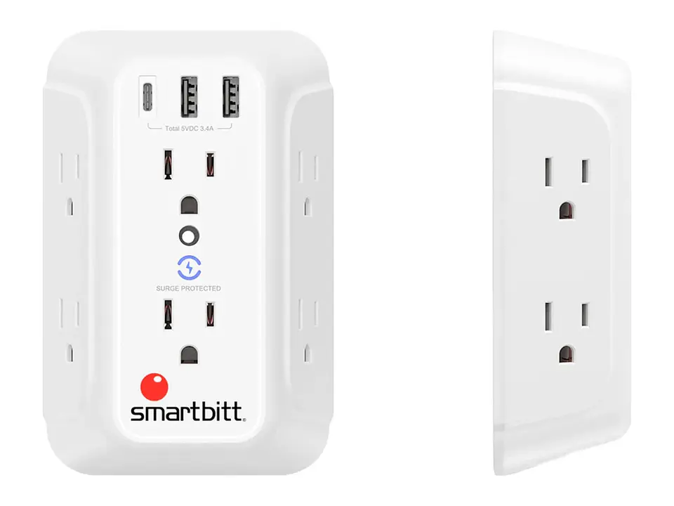 SmartBitt SBSS-BW6-3U - Supresor de Picos con 6 Tomas + 2 USB Tipo-A 5V 2.4A + 1 USB Tipo-c, 1480J 2
