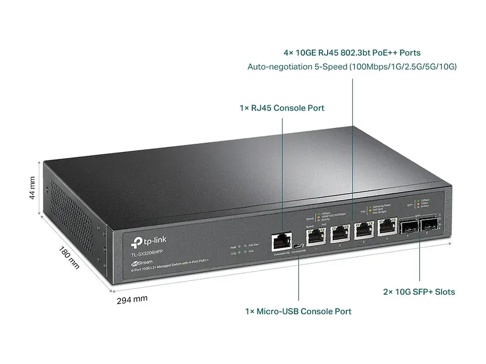 TP-Link Omada SX3206HPP - Switch administrable Omada L2+, 4×10G PoE++ (200W, 60W c/puerto), 2 SFP+ 10G 2