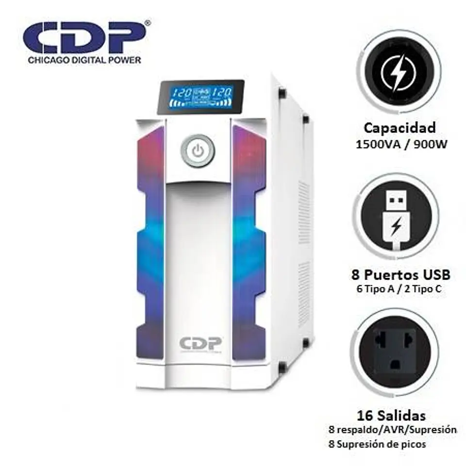 UPS CDP Gaming G-SMART1516I 1500VA / 900W / 16 Salidas / 8 Port USB-A / 2 Port USB-C White (G-SMART1516I) 1