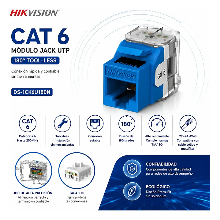 MODULO/CONECTOR JACK KEYSTONE CAT 6 UTP HIKVISION 180° AZUL 1