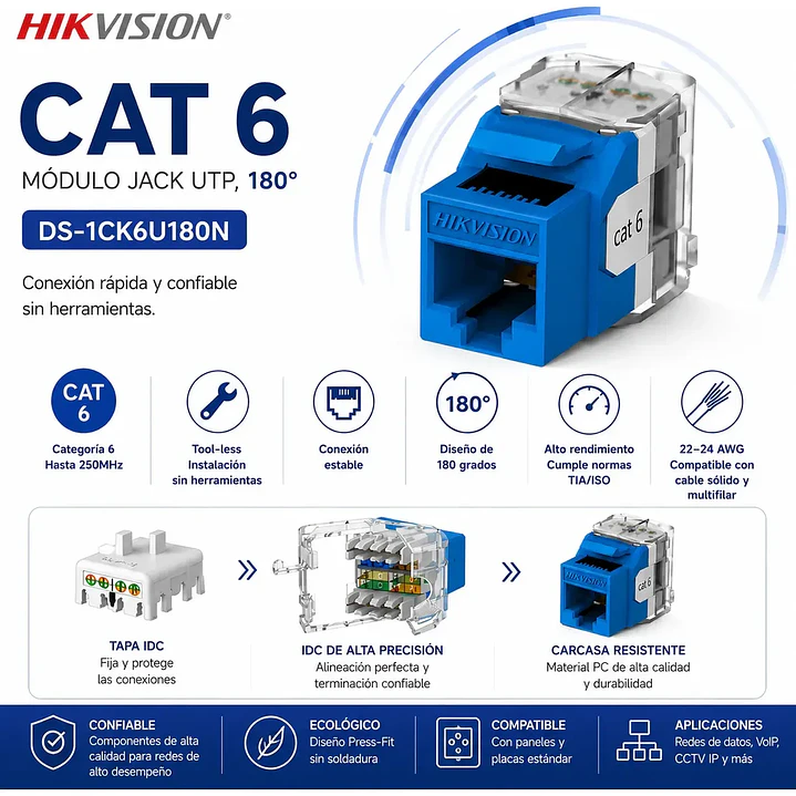 MODULO/CONECTOR JACK KEYSTONE CAT 6 UTP HIKVISION 180° AZUL 2