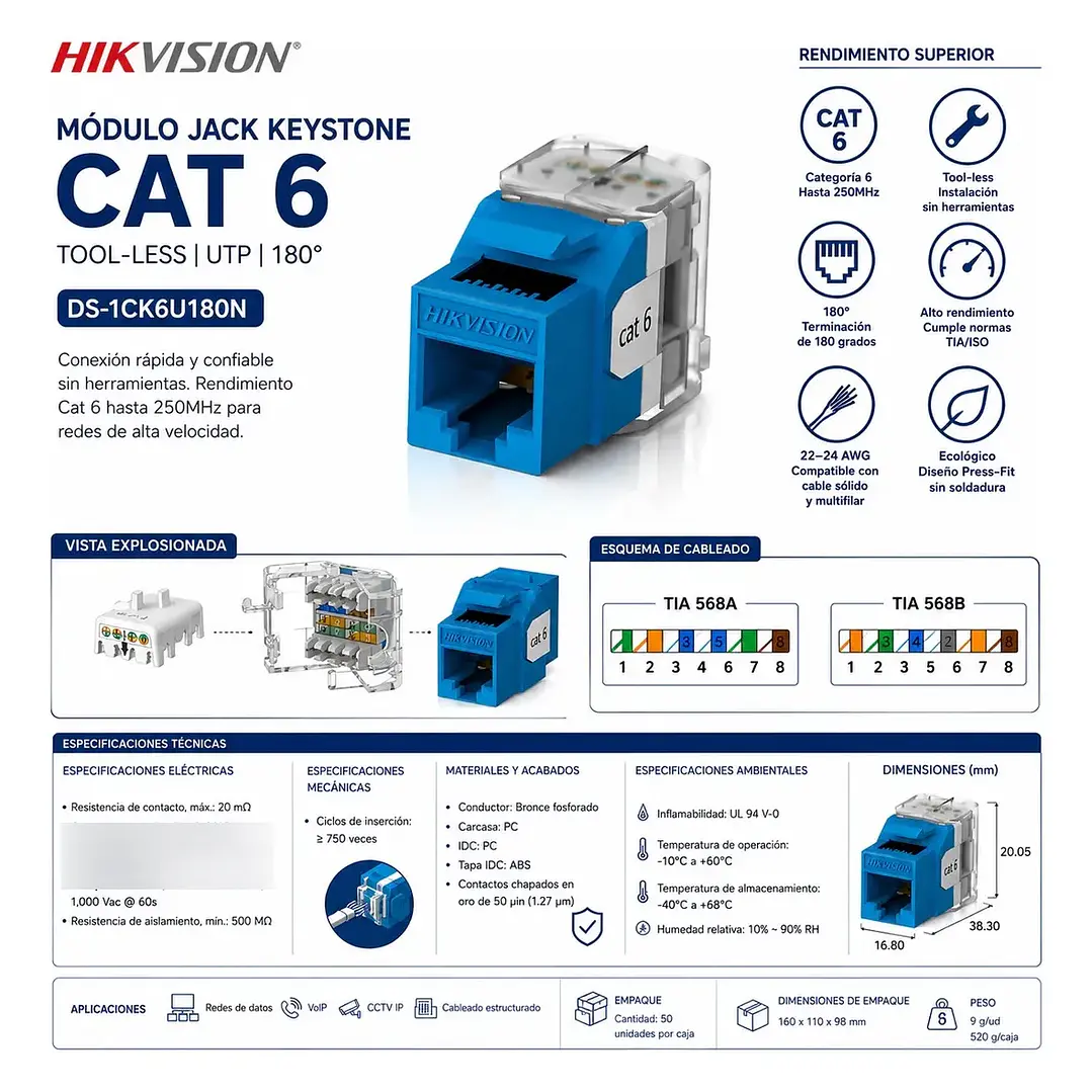 MODULO/CONECTOR JACK KEYSTONE CAT 6 UTP HIKVISION 180° AZUL 3