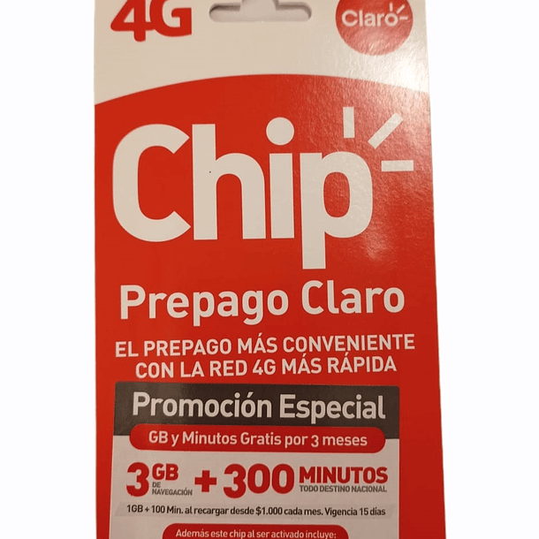 CHIP PREPAGO CLARO 3GB + 300 MINUTOS