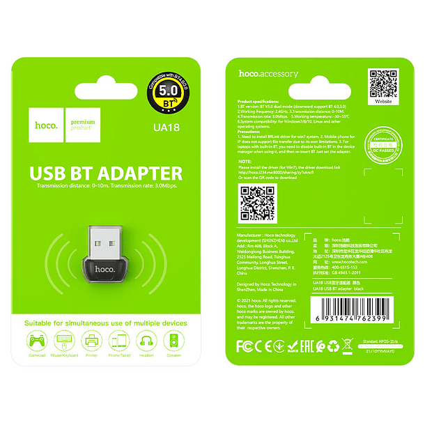 ADAPTADOR HOCO UA18 USB A BLUETOOTH 5.0 2