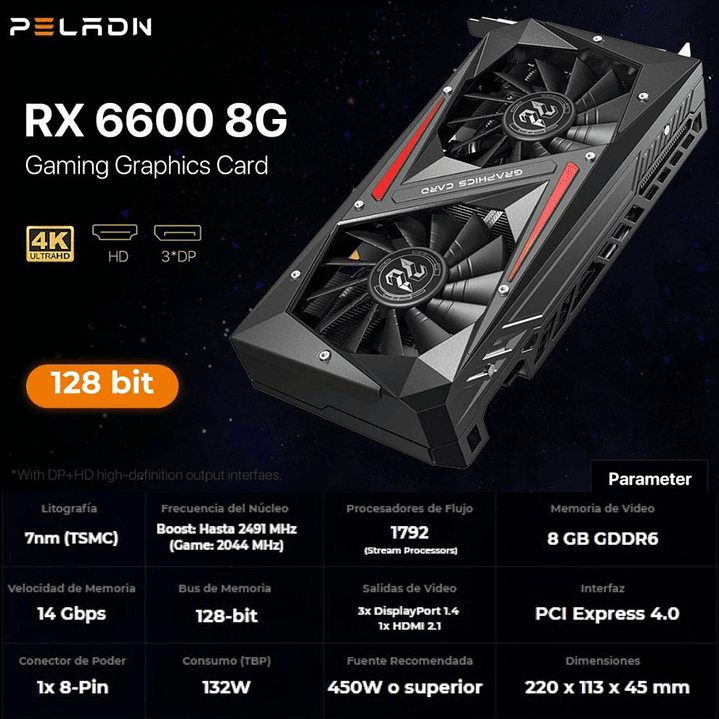 Peladn AMD Radeon RX 6600 8GB GDDR6 - Tarjeta de Video Gaming Dual Fan 6