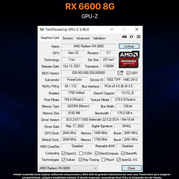 Peladn AMD Radeon RX 6600 8GB GDDR6 - Tarjeta de Video Gaming Dual Fan 9