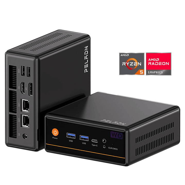 Mini PC Peladn WO4 AMD Ryzen 5 5600H 16GB DDR4 512GB NVMe Windows 11 Pro Wi-Fi 6 Bluetooth 5.2 Dual LAN Triple 4K 1
