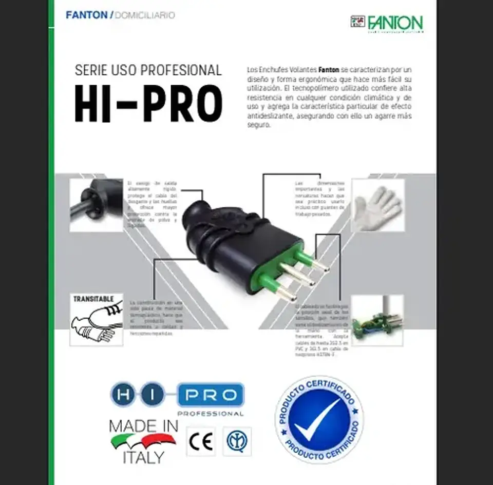 Enchufe Macho Volante 2p+t 10a Negro Fanton Certificado 2