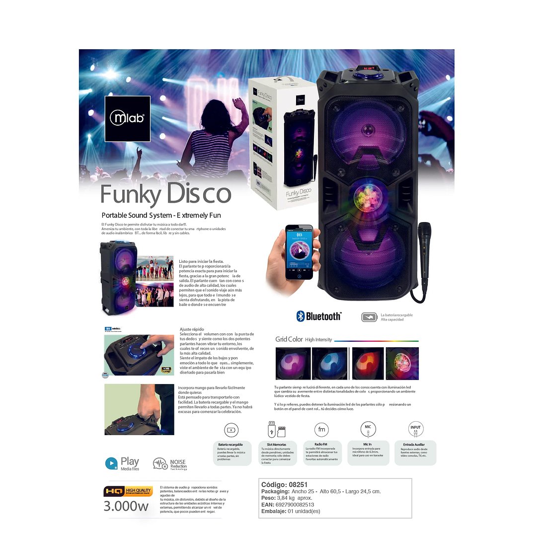 Parlante BT Karaoke con Micrófono y Control Funky Disco Mlab 5