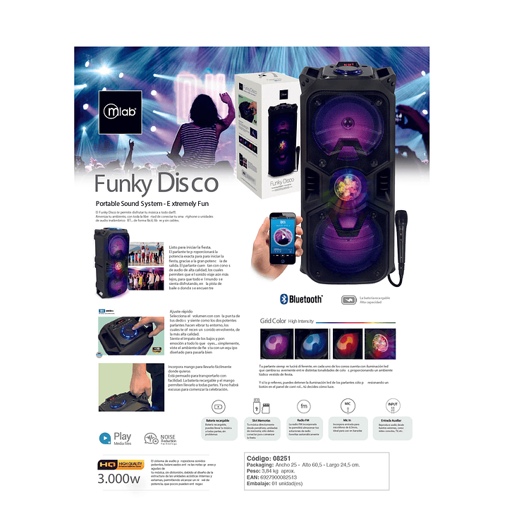 Parlante BT Karaoke con Micrófono y Control Funky Disco Mlab 5
