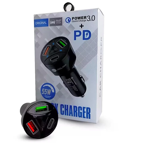 Cargador Para Vehículo Carga Rápida 55W X2 USB 3.0 y Tipo C PD 20W 12 y 24V
