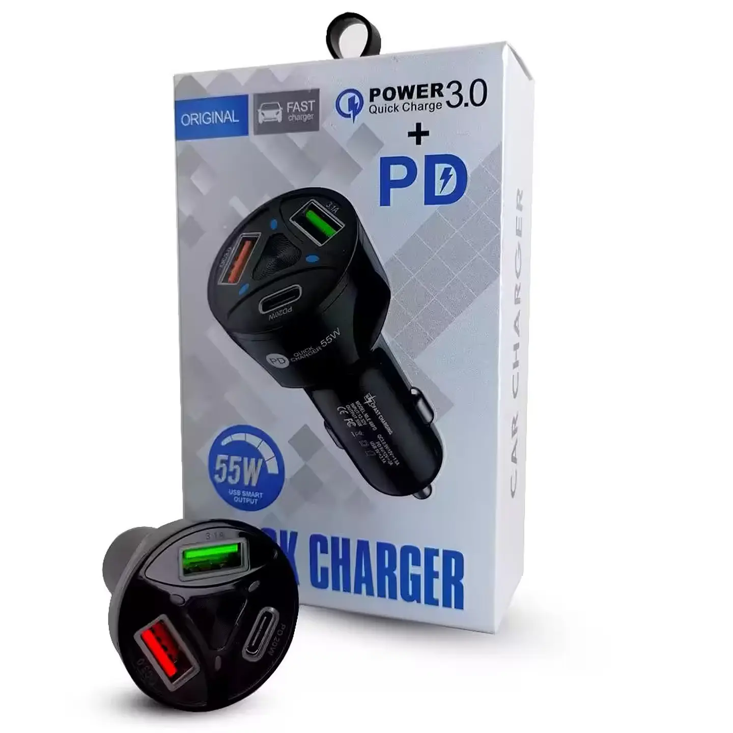 Cargador Para Vehículo Carga Rápida 55W X2 USB 3.0 y Tipo C PD 20W 12 y 24V 2