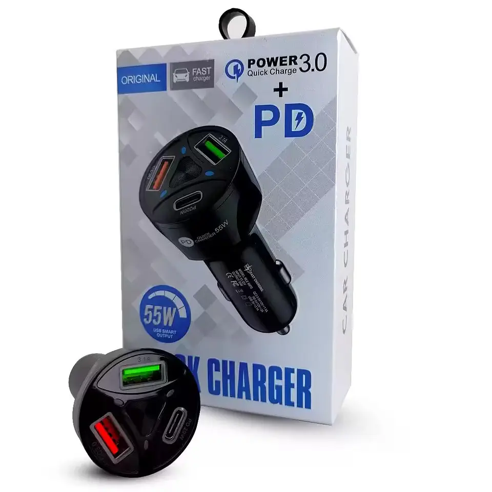 Cargador Para Vehículo Carga Rápida 55W X2 USB 3.0 y Tipo C PD 20W 12 y 24V 2