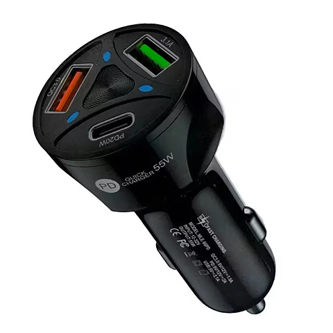 Cargador Para Vehículo Carga Rápida 55W X2 USB 3.0 y Tipo C PD 20W 12 y 24V