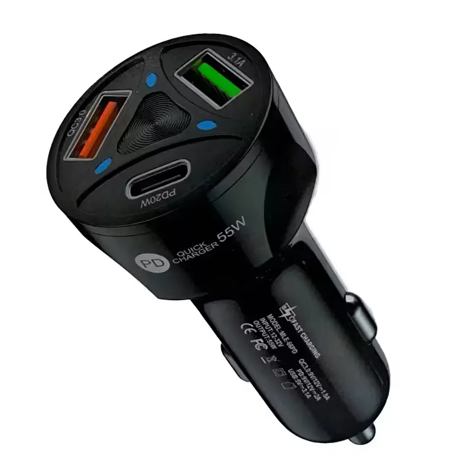Cargador Para Vehículo Carga Rápida 55W X2 USB 3.0 y Tipo C PD 20W 12 y 24V 1