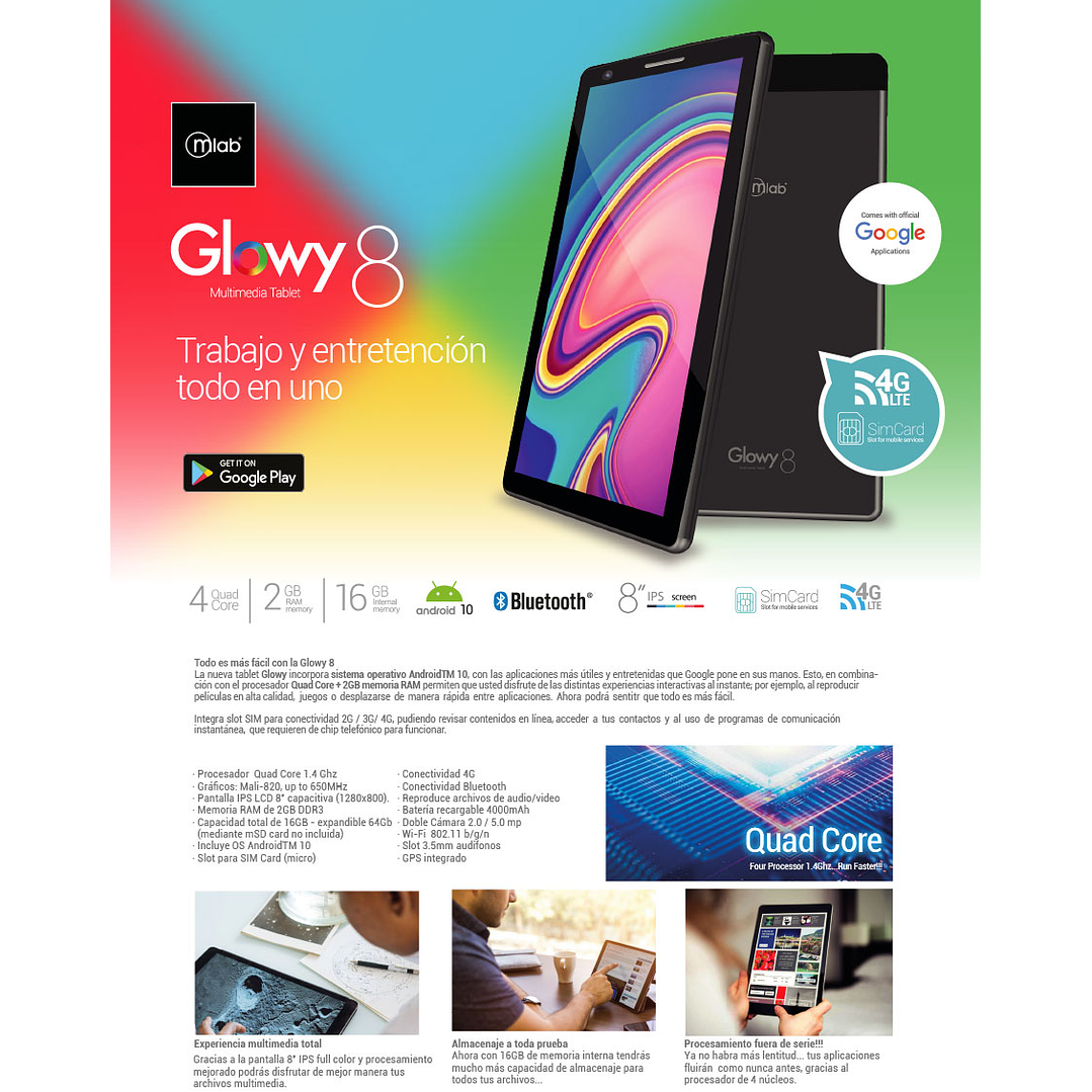 Tablet 8 Pulgadas 16G + 2G Pantalla Full HD 4GLTE Mlab Glowy 5