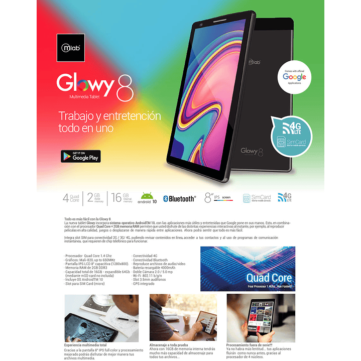 Tablet 8 Pulgadas 16G + 2G Pantalla Full HD 4GLTE Mlab Glowy 5