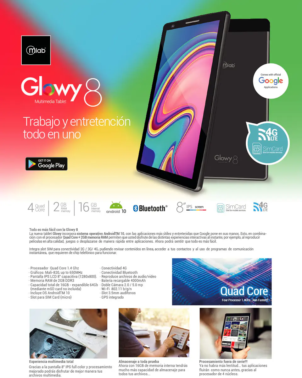 Tablet 8 Pulgadas 16G + 2G Pantalla Full HD 4GLTE Mlab Glowy 5