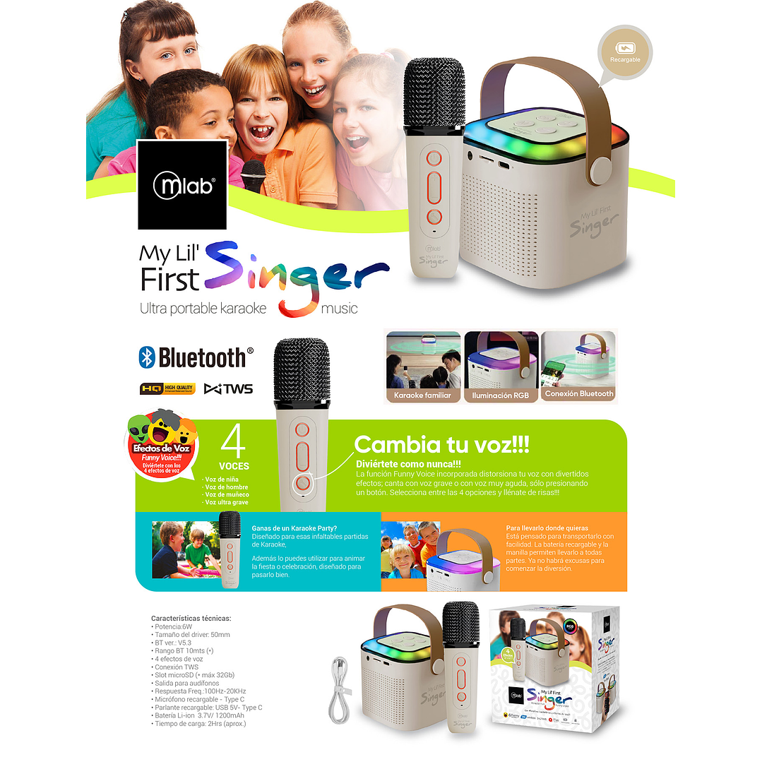 Parlante BT Karaoke MY First Singer con Micrófono Mlab 2