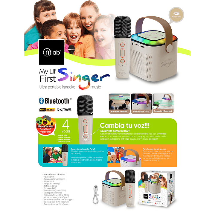 Parlante BT Karaoke MY First Singer con Micrófono Mlab 2