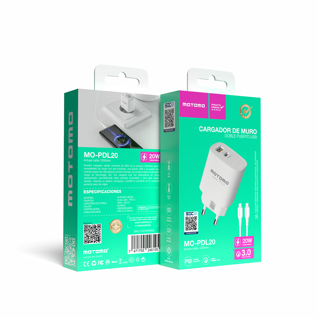 Cargador Tipo C Carga Rápida PD20W Certificado Motomo 2