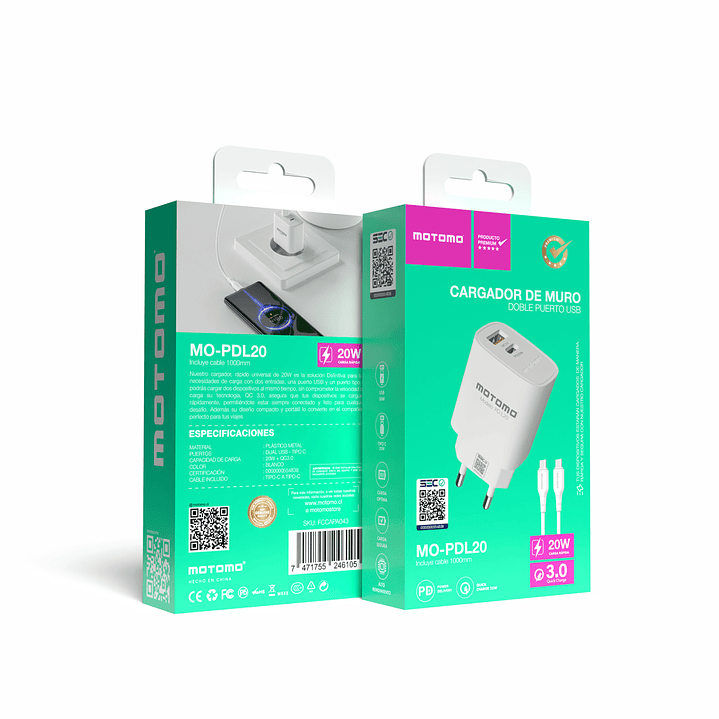 Cargador Tipo C Carga Rápida PD20W Certificado Motomo 2